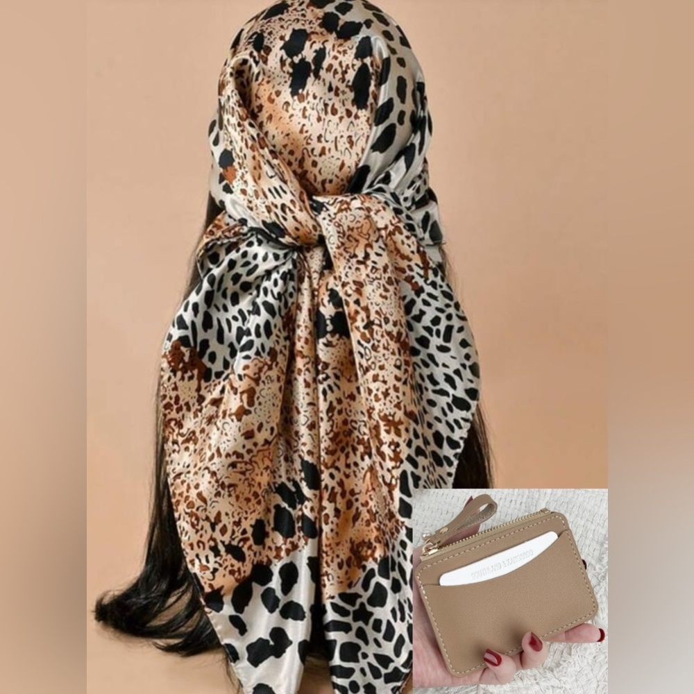 Leopard Print Scarf and Tan Wallet Set